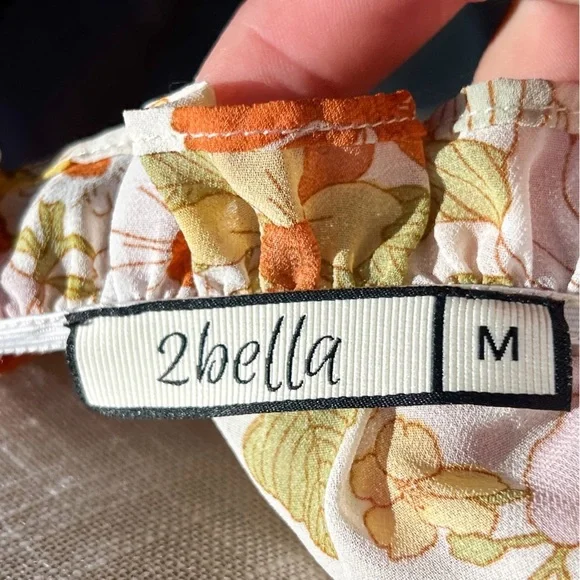 2Bella Boho Floral Crop Top Smocked Yellow and Orange Size Medium fits Small too - Picture 3 of 6